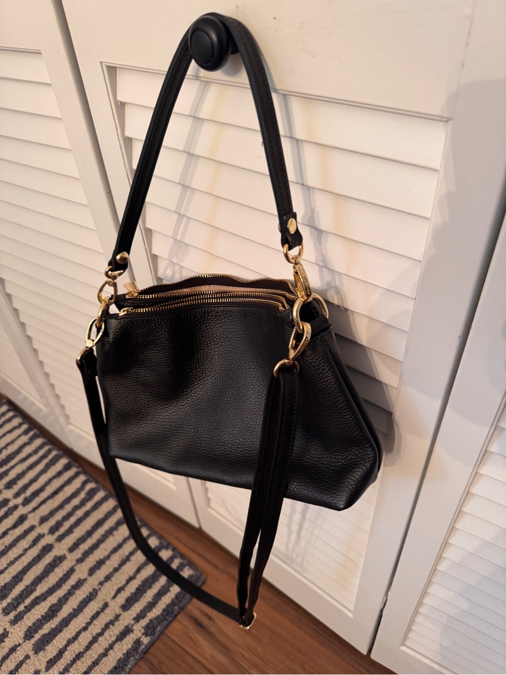 Valentina Classic Black Pebbled Leather Shoulder Bag with Gold Hardware